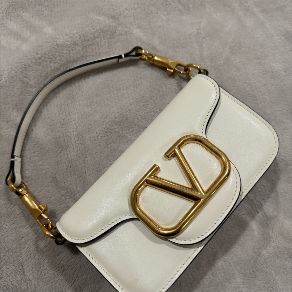 Valentino White Shoulder Bag with Gold V Logo